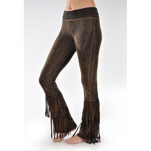 T Party Brown Double Fringe Layer Fold Over Waist Flare Yoga Pants Womens Small